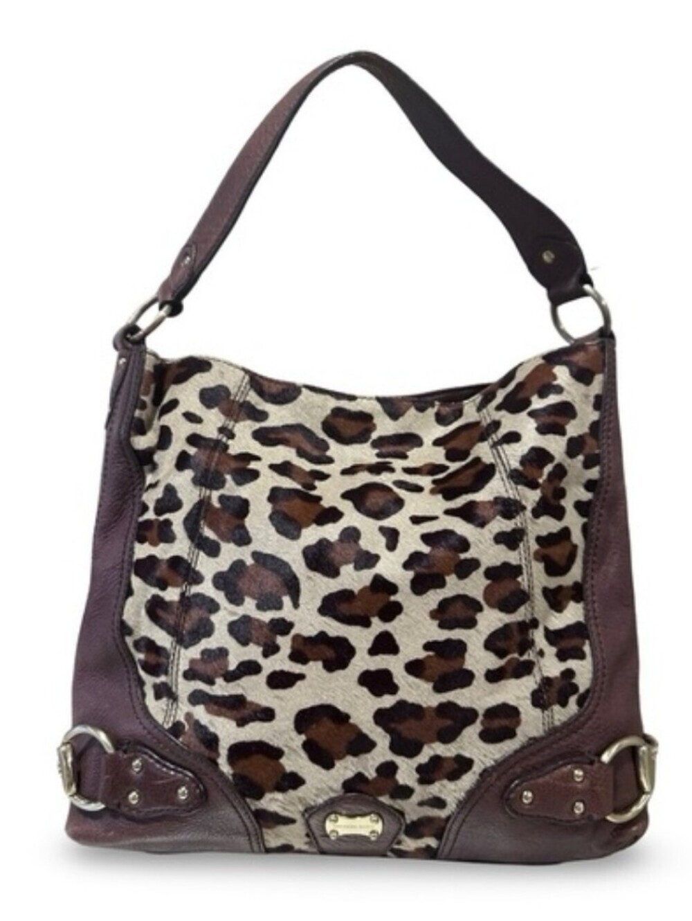 Michael Kors Leopard Print Calf Hair Hobo Bag Brown Leather Shoulder Purse - Picture 1 of 10